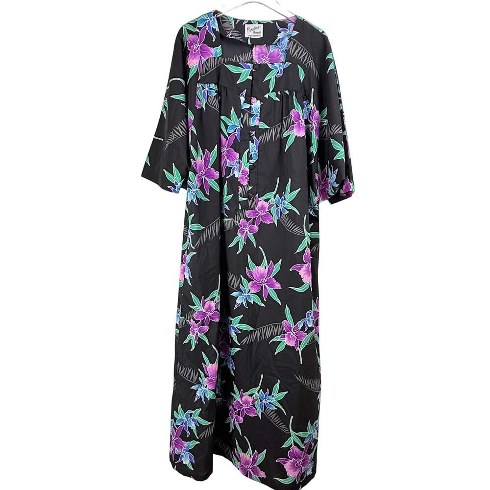 Paradise Hawaii Vintage Floral Muumuu Dress Purple Orchid Maxi Kimono WOMEN XL